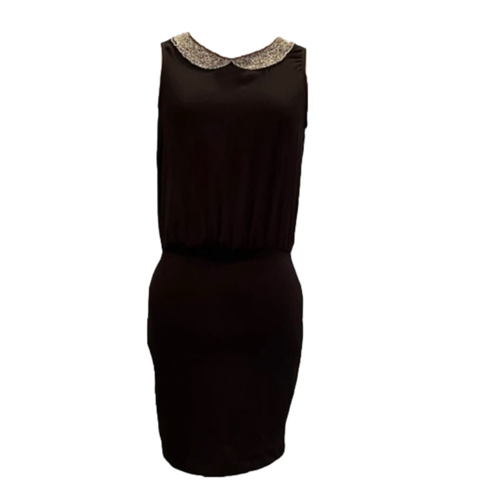 Zara Black Embellished Metallic Beaded Peter Pan Collar Sleeveless Dress Size S
